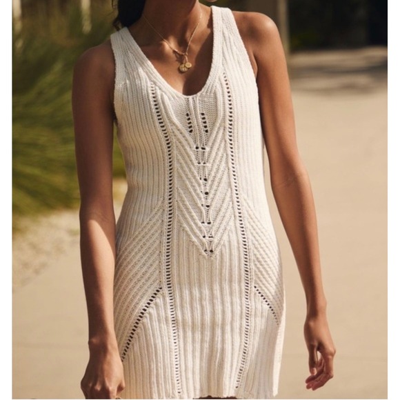 Anthropologie Ivory Pointelle Crochet Open Back Mini Dress Size Large - Picture 2 of 8